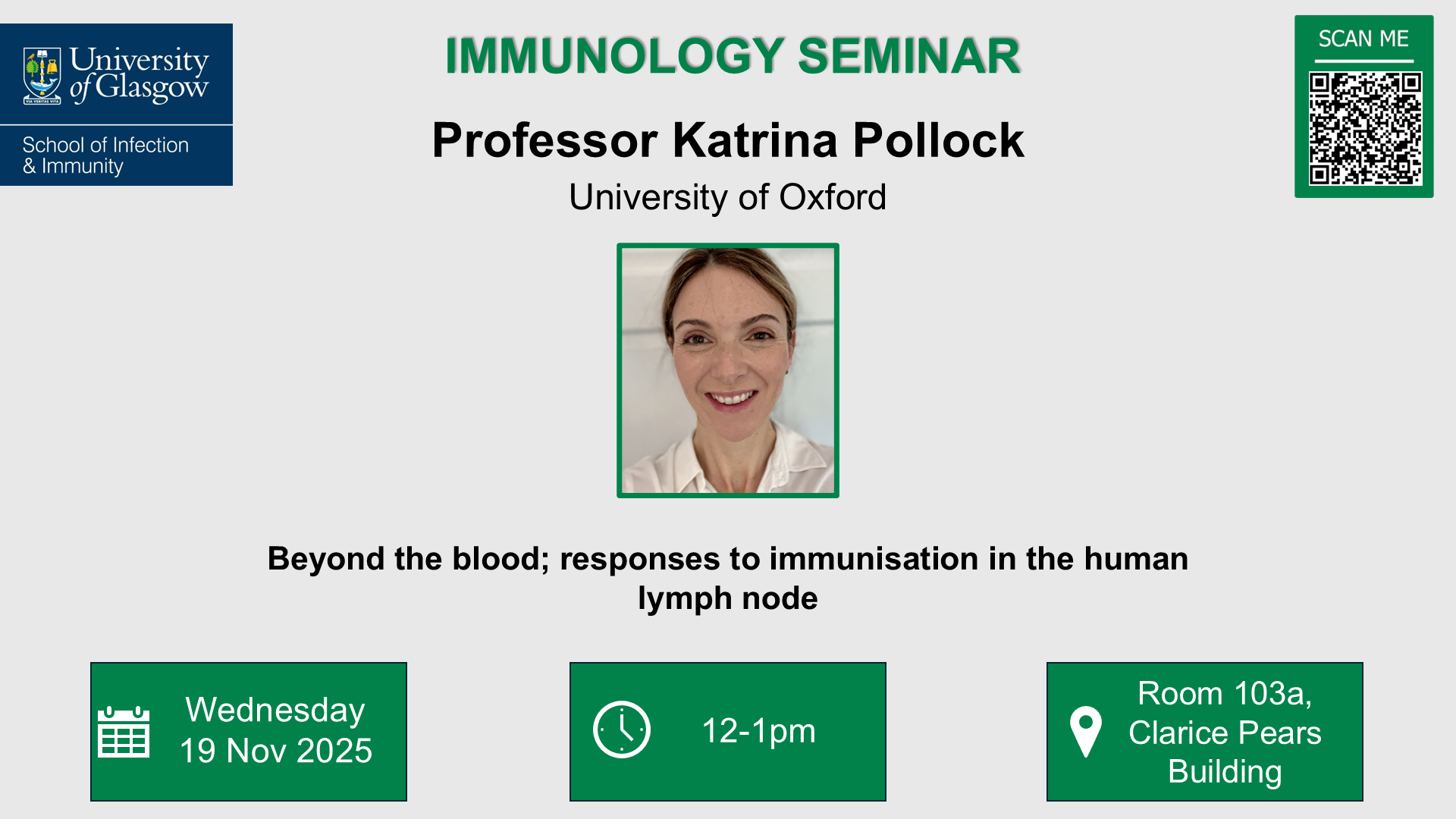 Immunology seminar, Dr Katrina Pollock, of which the date, time and location are included in the accompanying text