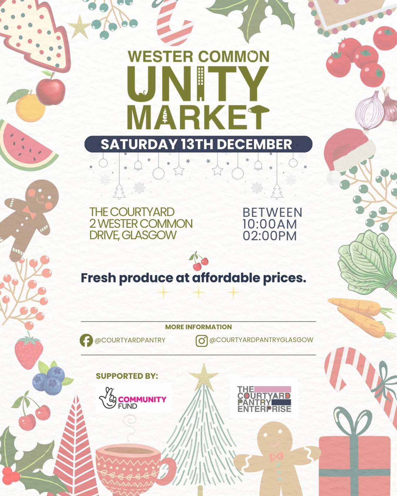 flyer advertising the courtyard pantry's wester common unity market taking place in December 2025