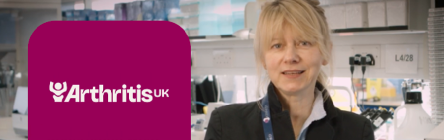 An image of Professor Mariola Kurowska-Stolarska in the lab addressing the camera during a video interview. Beside her is a burgundy graphic box including the Arthritis UK