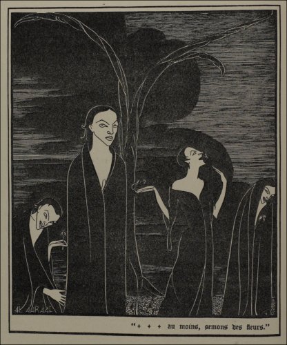 Hannah Frank's illustration, entitled 'Au moins, semons des fleurs', published under the pseudonym Al Aaraaf, in the Glasgow University Magazine (GUM), Vol 45 No 5 p150, 13th December 1933. (GUAS Ref: DC 198/1/41. Copyright reserved.) 