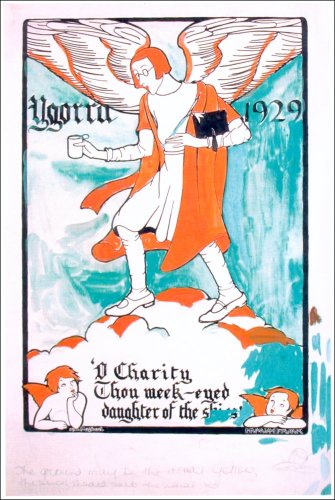Hannah Frank's illustrative cover for the Glasgow University magazine Ygorra, entitled 'O Charity, thou meek-eyed daughter of the skies', 1929. (GUAS Ref: DC 198/2/8. Copyright reserved.) 