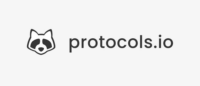Logo for protocols.io, shows a racoon's face and the web address of the website in black on a white background