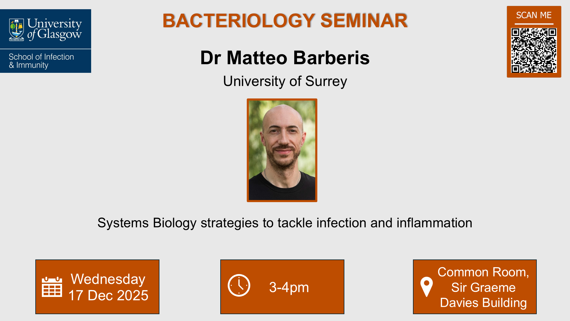 Flyer for Bacteriology seminar, Dr Matteo Barberis, of which the date, time, location and title are included in the accompanying text