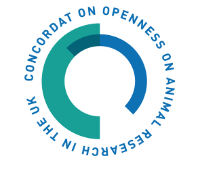The logo for the Concordat on Openness on Animal Research, it has the name of the concordat in a circle with coloured shapes in the middle.