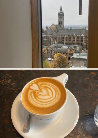 Collage of campus and a cup of coffee