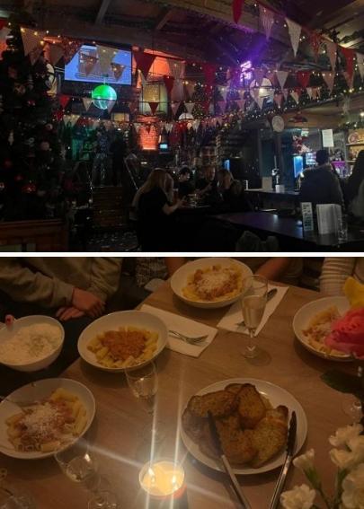Collage of Pub at Christmas and a table with 4 meals