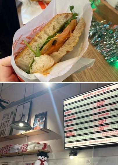 Collage of images of a sandwich and a restaurant