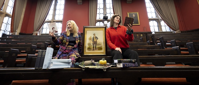 Professor Pauline Mackay and Dr Cleo O'Callaghan Yeoman in UofG's historic Humanity Lecture Theatre. Credit Martin Shields Professor Pauline Mackay and Dr Cleo O'Callaghan Yeoman launching The Burns Supper at 225 Research Project at UofG's Humanity Lecture Theatre