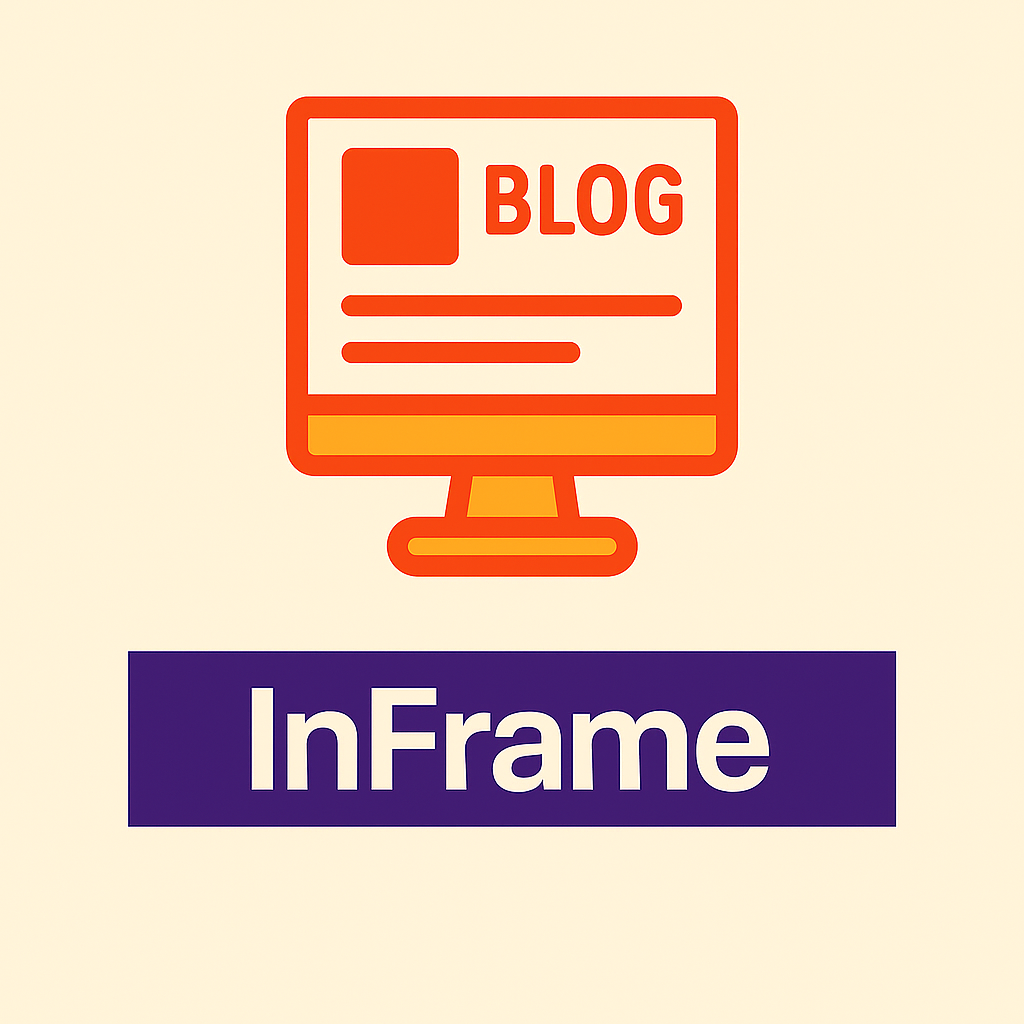 An icon of a computer monitor with the word “BLOG” displayed on the screen in bold orange letters, along with a small square and horizontal lines representing text. Below the monitor, there is a purple rectangular banner with the word “InFrame” in white text. The background is light beige.