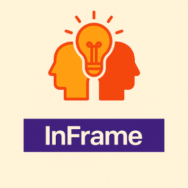 An icon showing two overlapping human head silhouettes facing opposite directions, with a lightbulb above them symbolizing ideas and knowledge exchange. Below the icon, there is a purple rectangular banner with the word “InFrame” in white text. The background is light beige.