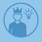 A blue icon inside a circle showing a person wearing a crown, with a light bulb symbol to the right, representing leadership and innovative ideas.