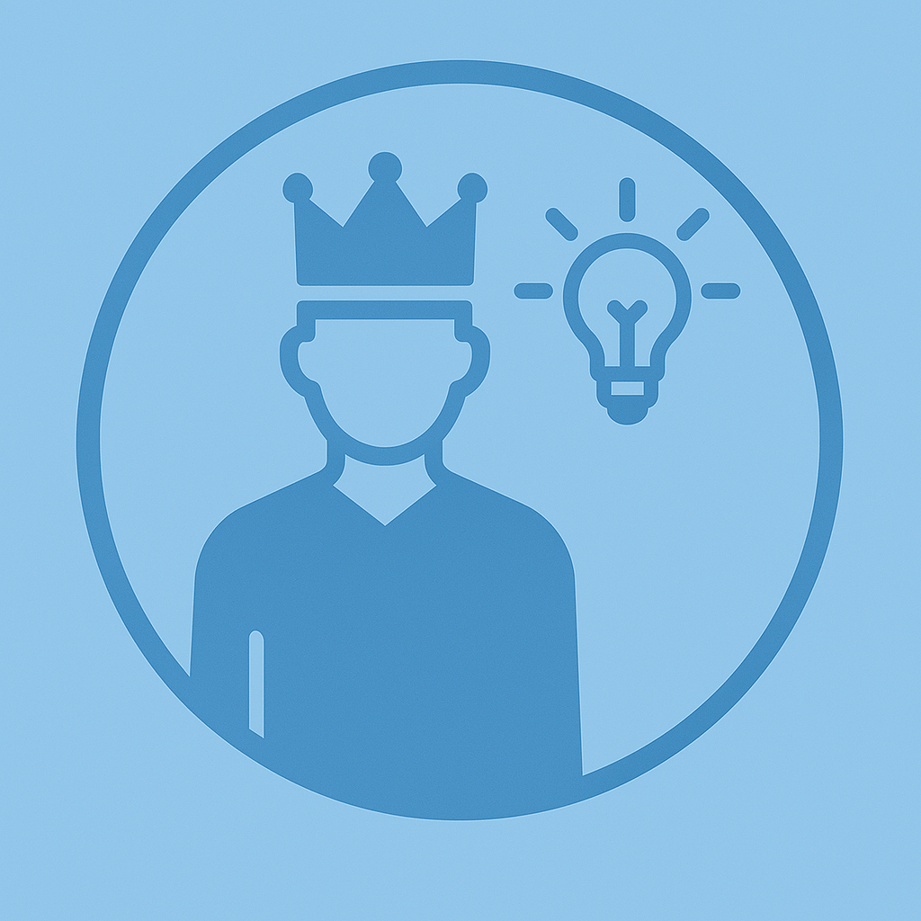 A blue icon inside a circle showing a person wearing a crown, with a light bulb symbol to the right, representing leadership and innovative ideas.
