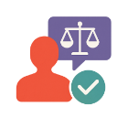 A graphic showing a red silhouette of a person, a purple speech bubble with a white scale symbol inside representing justice or balance, and a green circle with a white checkmark symbolizing approval or correctness.