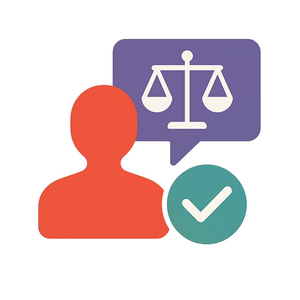 A graphic showing a red silhouette of a person, a purple speech bubble with a white scale symbol inside representing justice or balance, and a green circle with a white checkmark symbolizing approval or correctness.