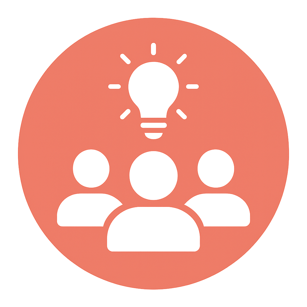 A coral-colored circle containing three white silhouettes of people, with a light bulb icon above them, symbolizing teamwork, collaboration, and shared ideas.