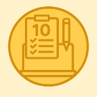 A yellow circular icon featuring a clipboard with the number 10 at the top and three checkmarks below, alongside a pencil, symbolizing a checklist or task completion.