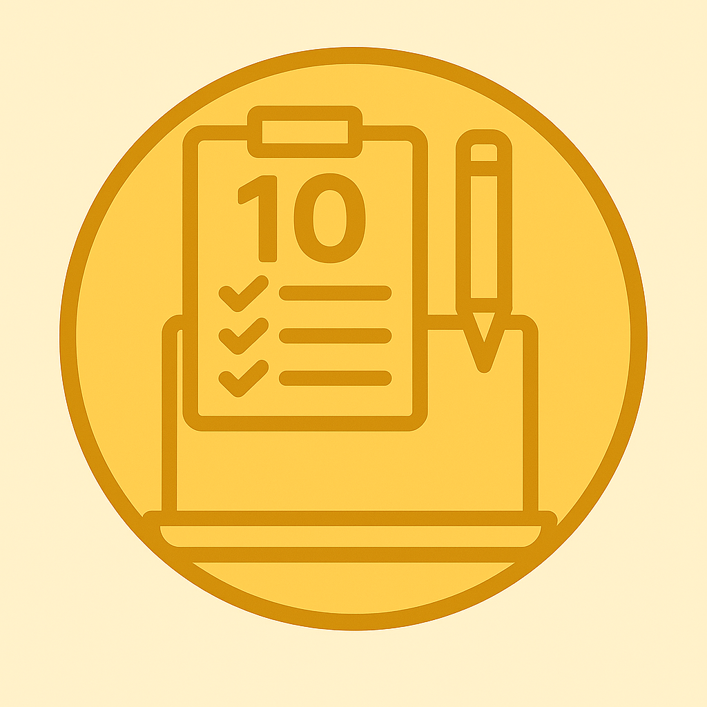 A yellow circular icon featuring a clipboard with the number 10 at the top and three checkmarks below, alongside a pencil, symbolizing a checklist or task completion.