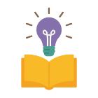 A graphic showing an open yellow book with a purple light bulb above it, radiating lines to indicate illumination or ideas, symbolizing learning and knowledge.
