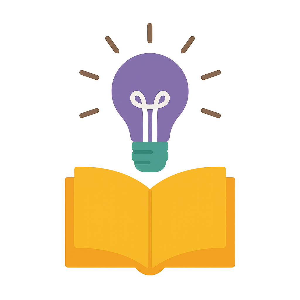 A graphic showing an open yellow book with a purple light bulb above it, radiating lines to indicate illumination or ideas, symbolizing learning and knowledge.