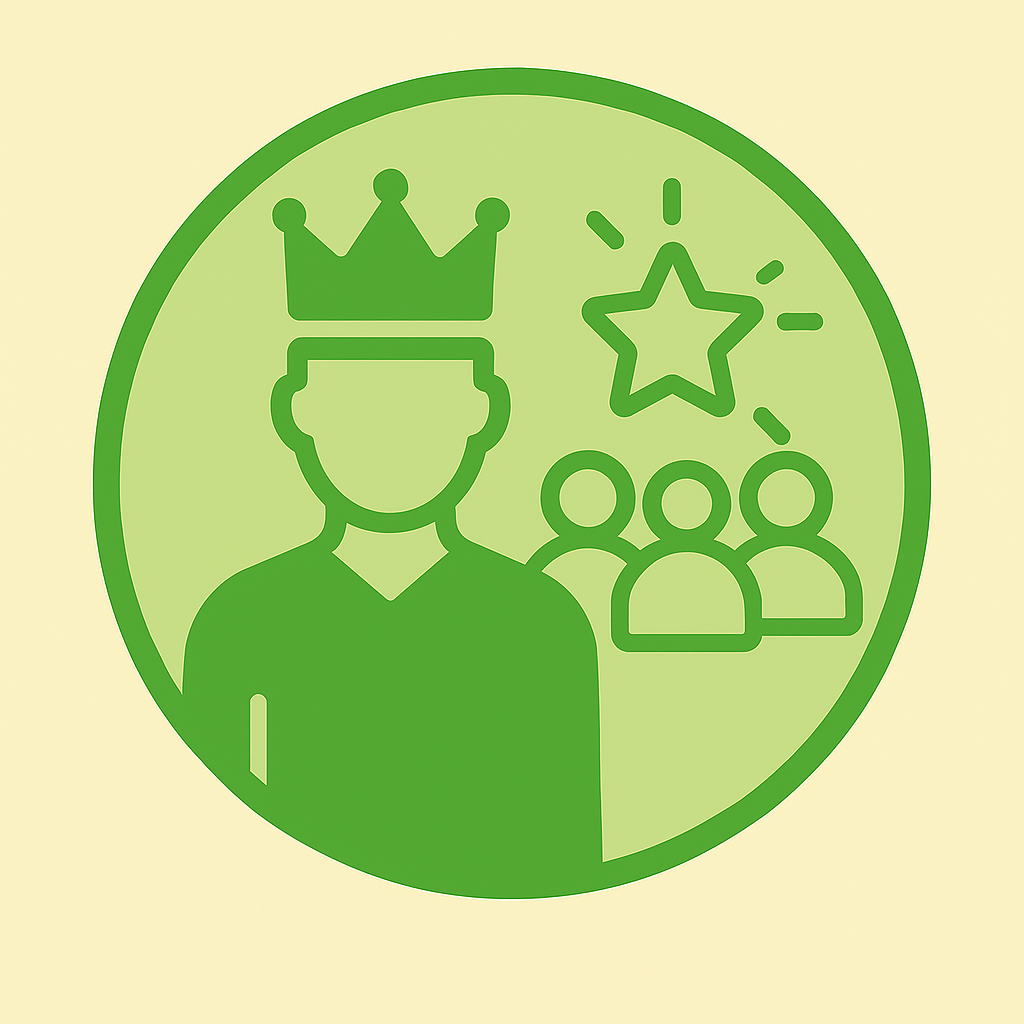 A green circular icon showing a person wearing a crown in the foreground, with three smaller figures and a star symbol in the background, representing leadership, recognition, and teamwork.