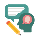 A graphic showing a green silhouette of a head with a smaller pink head inside a speech bubble, next to a green chat bubble with text lines and a yellow pencil, symbolizing communication, reflection, and writing.
