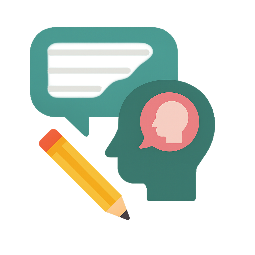 A graphic showing a green silhouette of a head with a smaller pink head inside a speech bubble, next to a green chat bubble with text lines and a yellow pencil, symbolizing communication, reflection, and writing.