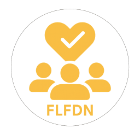 A yellow circular icon showing three stylized people figures with a large heart above them containing a checkmark, and the letters “FLFDN” below, symbolizing community, approval, and support.