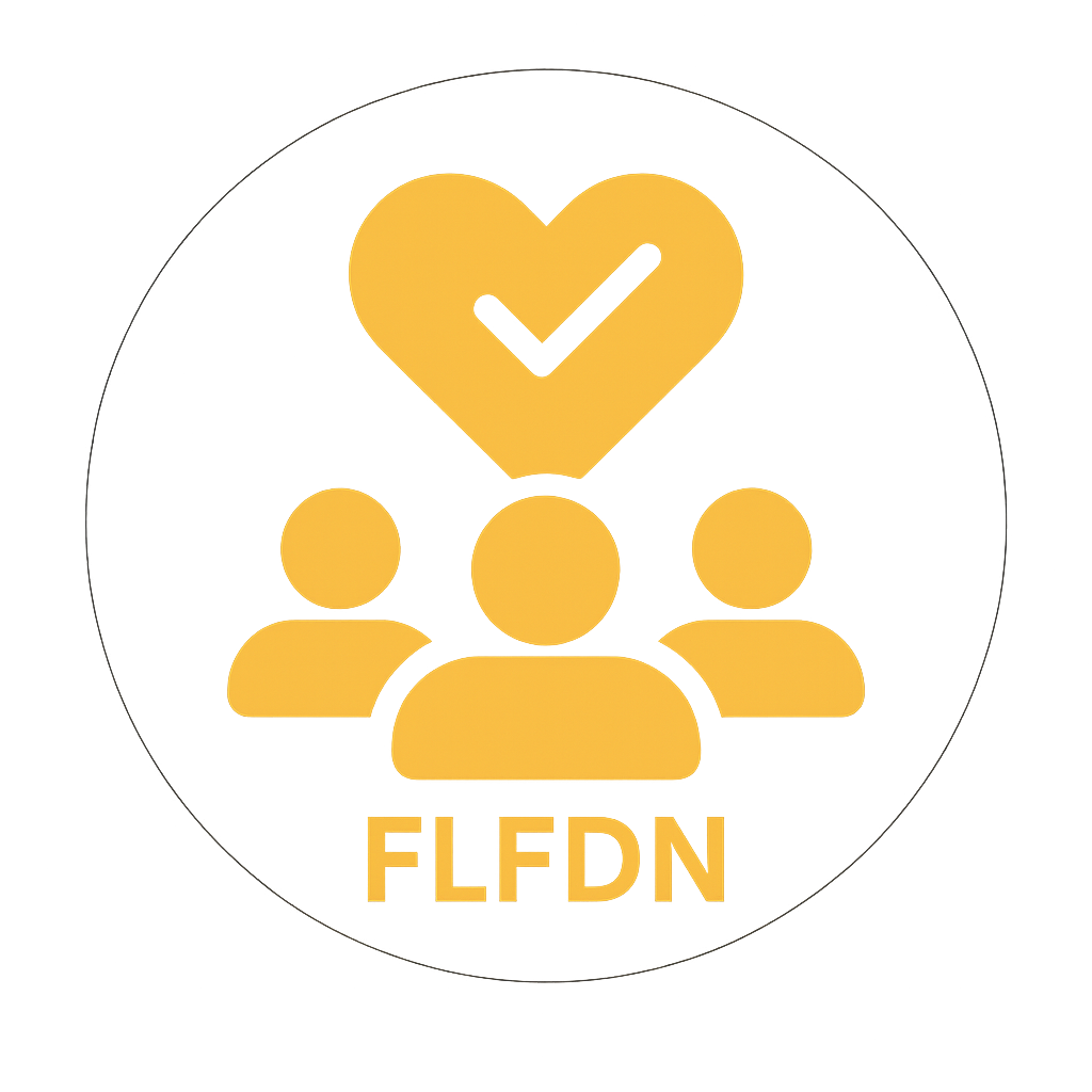 A yellow circular icon showing three stylized people figures with a large heart above them containing a checkmark, and the letters “FLFDN” below, symbolizing community, approval, and support.