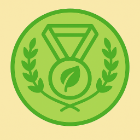 A green circular icon featuring a medal with a leaf symbol in the center, flanked by two laurel branches, representing sustainability, achievement, or eco-friendly recognition.