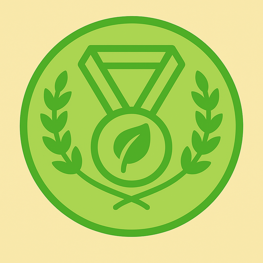 A green circular icon featuring a medal with a leaf symbol in the center, flanked by two laurel branches, representing sustainability, achievement, or eco-friendly recognition.