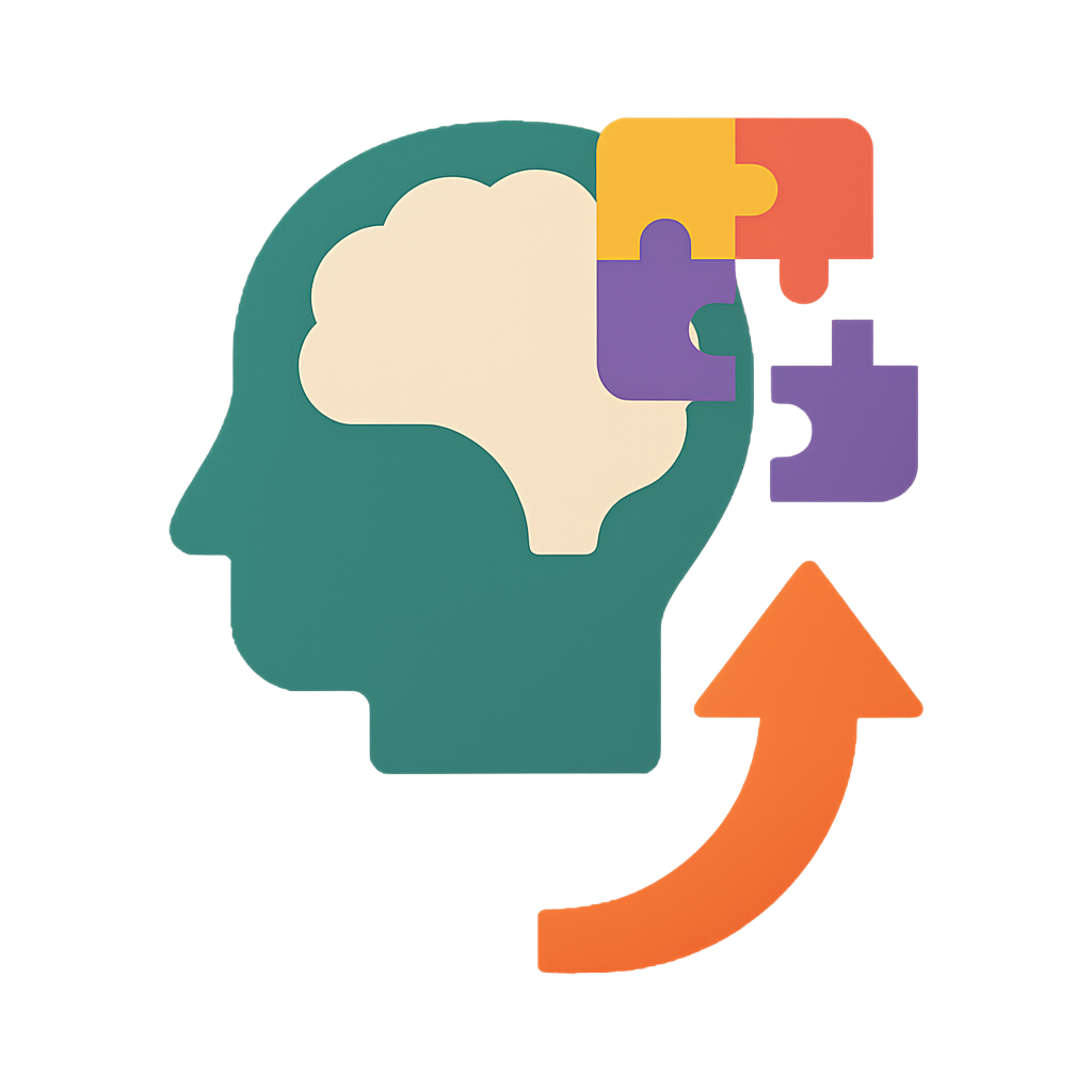 A graphic showing a green silhouette of a head with a cream-colored brain inside, three puzzle pieces in purple, orange, and red positioned near the head, and an orange upward arrow, symbolizing problem-solving, learning, and cognitive development.