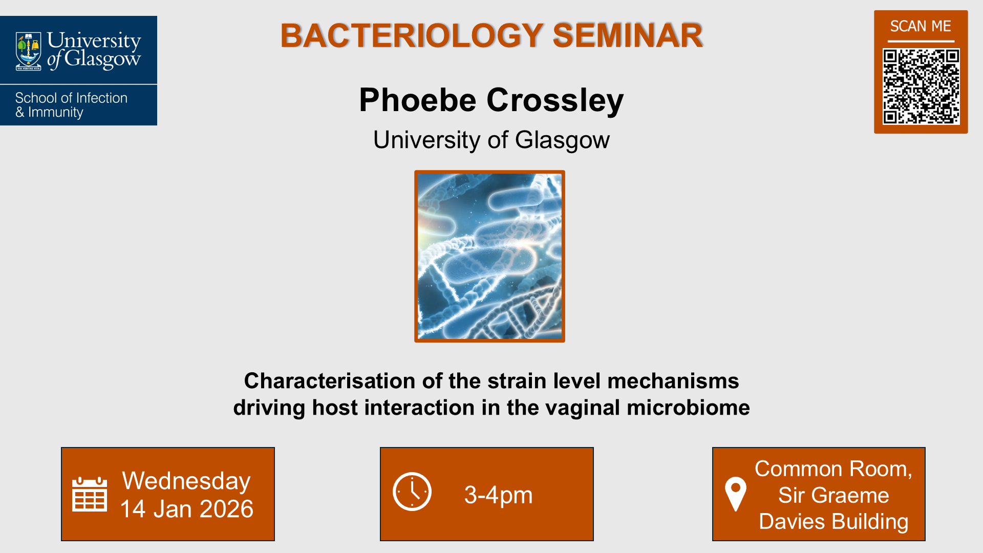 Flyer for bacteriology seminar, Phoebe Crossley, of which the date, time and location are in the accompanying text