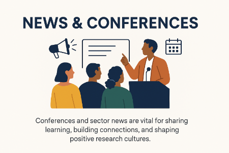 Illustration titled “News & Conferences” showing a speaker at a podium addressing an audience, with icons representing announcements, information, and events. The scene highlights conferences as spaces for sharing learning, building connections, and supporting positive research cultures.