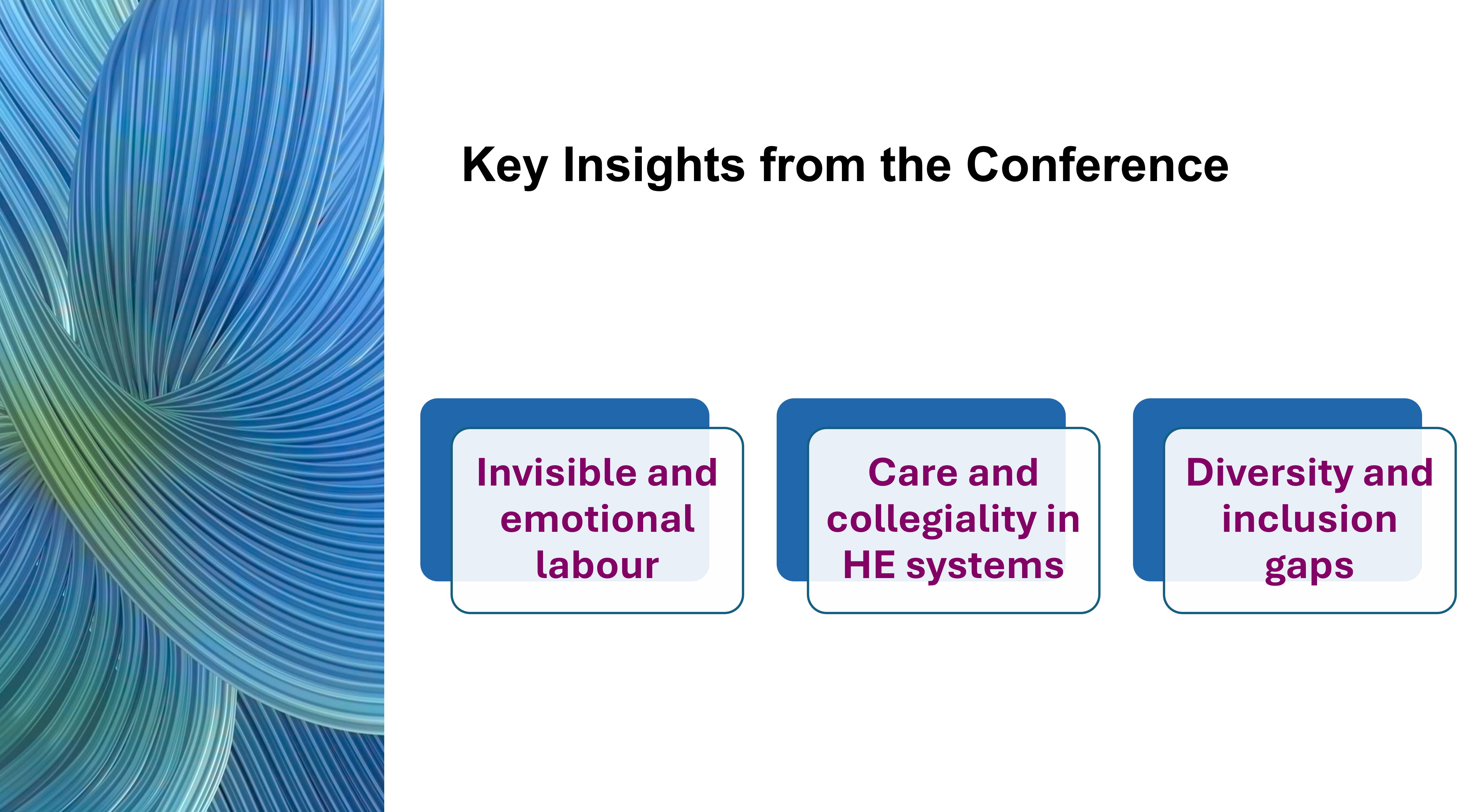 Slide titled “Key Insights from the Conference” highlighting three focus areas: invisible and emotional labour, care and collegiality in higher education systems, and diversity and inclusion gaps, presented alongside a flowing blue abstract background design.