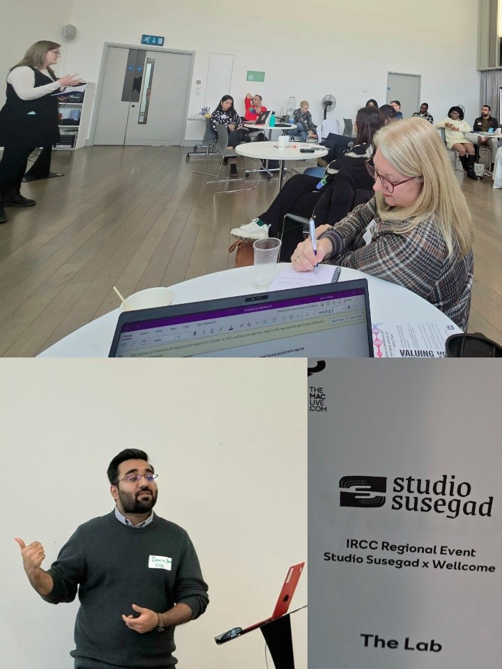 Two photographs from an IRCC regional event showing speakers presenting to an engaged audience seated at tables in a workshop setting. Participants are listening, taking notes, and contributing to discussions, with presentation materials and event branding visible, reflecting collaborative knowledge‑sharing and dialogue around research culture and practice.
