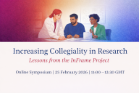 Illustration of three colleagues collaborating around a table in a research setting, with documents and a laptop. Overlaid text reads: “Increasing Collegiality in Research: Lessons from the InFrame Project. Online Symposium | 25 February 2026 | 11:00–12:30 GMT