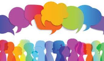 Illustration of a diverse group of people shown in colourful silhouette profiles, with overlapping speech bubbles above them in different colours, symbolising dialogue, shared voices, and collective communication.