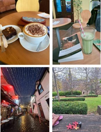 Photo of coffee, book, street in Glasgow and a park