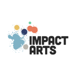 Impact Arts logo with colourful paint splashes on the left and 'Impact Arts' in bold lettering on the right with a white background