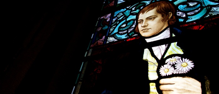 An image of a stained glass window of poet Robert Burns holding a posy of daisies.