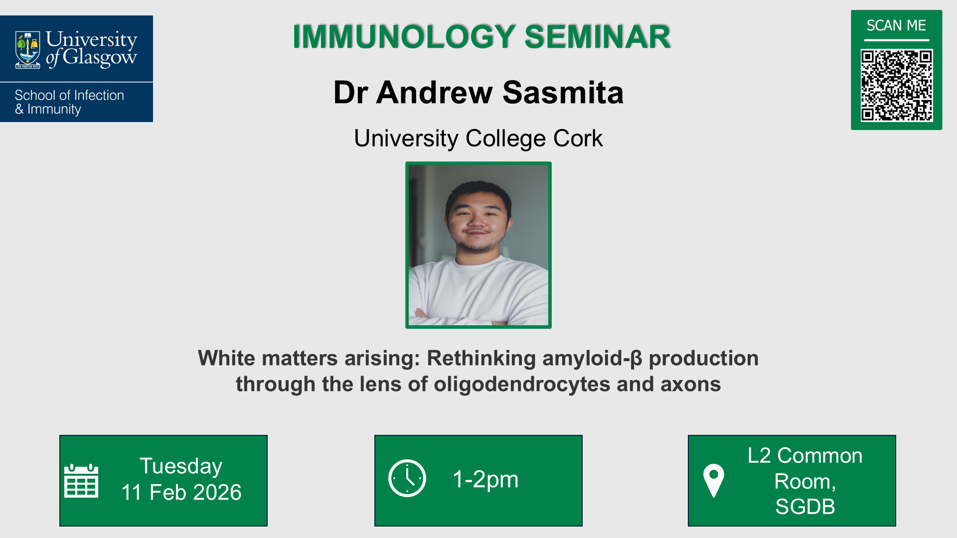 Flyer for Immunology seminar, Dr Andrew Sasmita, of which the date, time and location are included in the accompanying text
