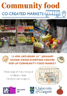 A digital flyer for the govan cross pop up market. Flyer includes images of a fruit and veg stall