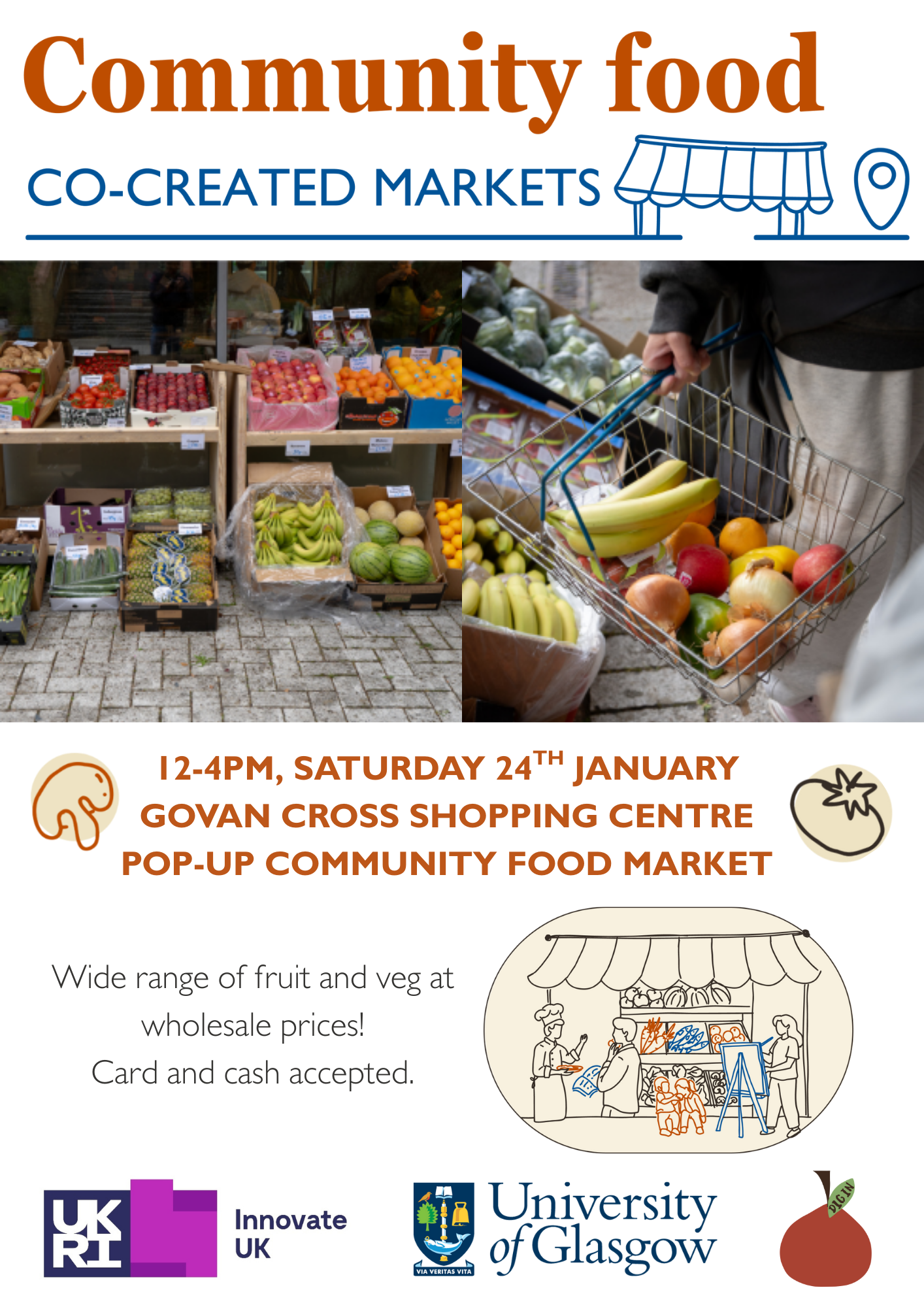 A digital flyer for the govan cross pop up market. Flyer includes images of a fruit and veg stall