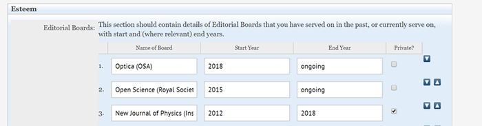 Three items of Esteem, one with the Private? checkbox ticked. this item will not display on your profile, even if consent is given in t4.