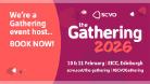 SCVO graphic announcing The Gathering 2026 on 10–11 February at the EICC, with “We’re a Gathering event host—book now!” on a pink and purple background with abstract shapes.