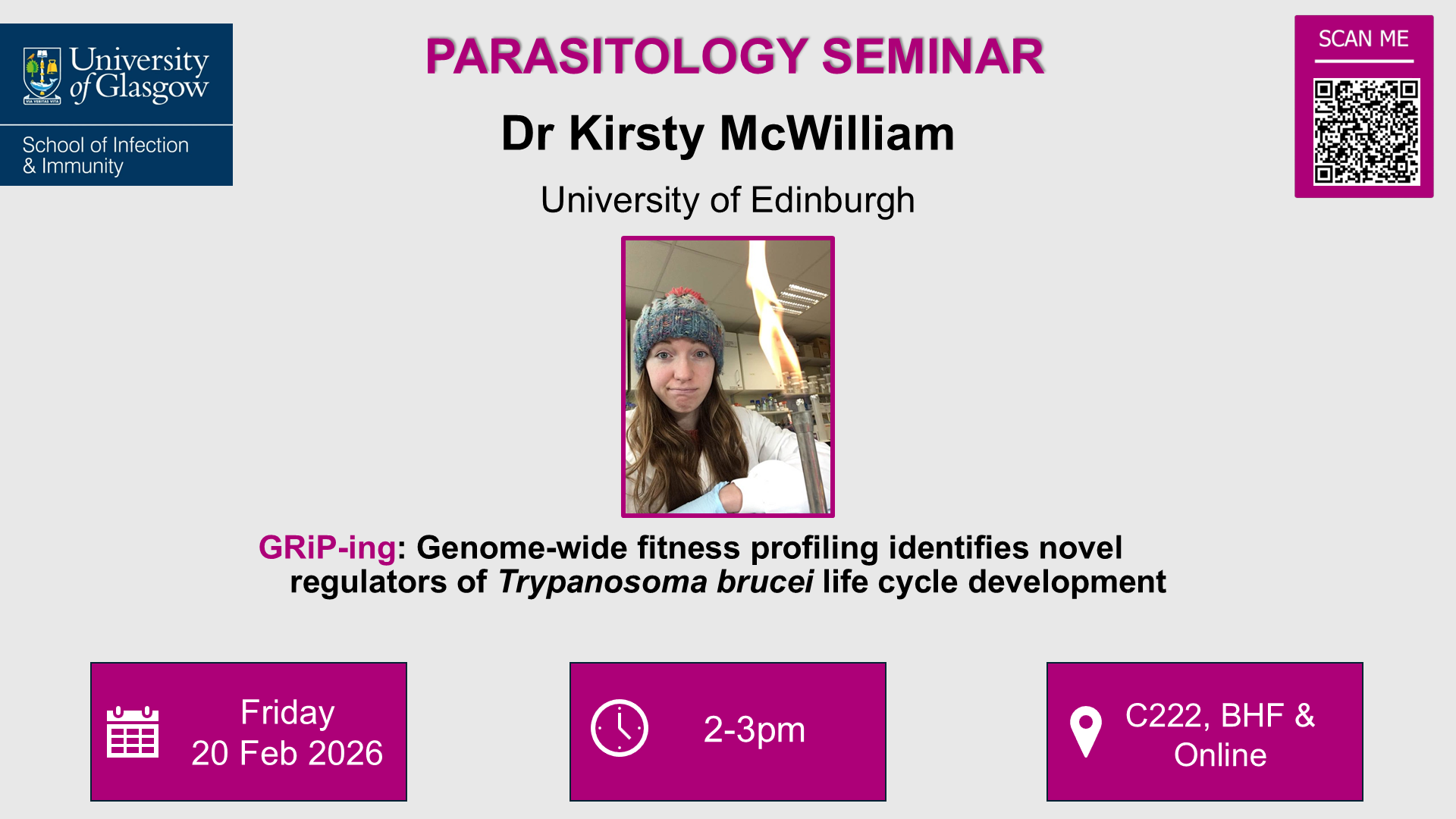 Flyer for Parasitology seminar, Dr Kirsty McWilliam, of which the date, time, location and title are included in the accompanying text