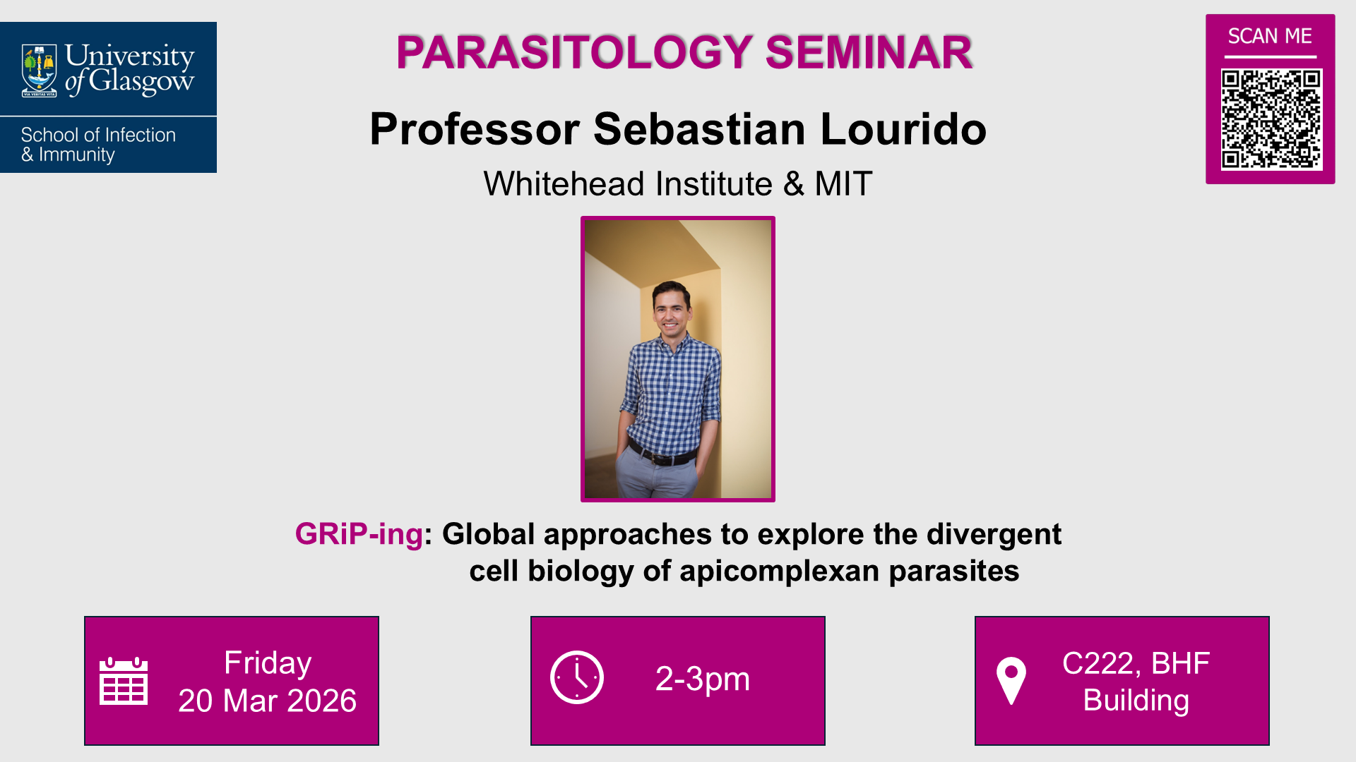 Flyer for Parasitology seminar, Professor Sebastian Lourido, of which the date, time, location and title are included in the accompanying text