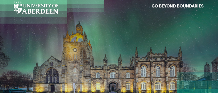 an image of a University of Aberdeen building backdropped by a night sky with the Aurora Borealis showing, with the University of Aberdeen logo in the top left corner