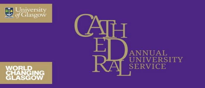 A graphic reading Cathedral annual service, with the UofG and World Changing Glasgow logo
