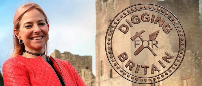 Dr Alice Roberts, with a castle in the background and the Digging for Britain Logo to the right